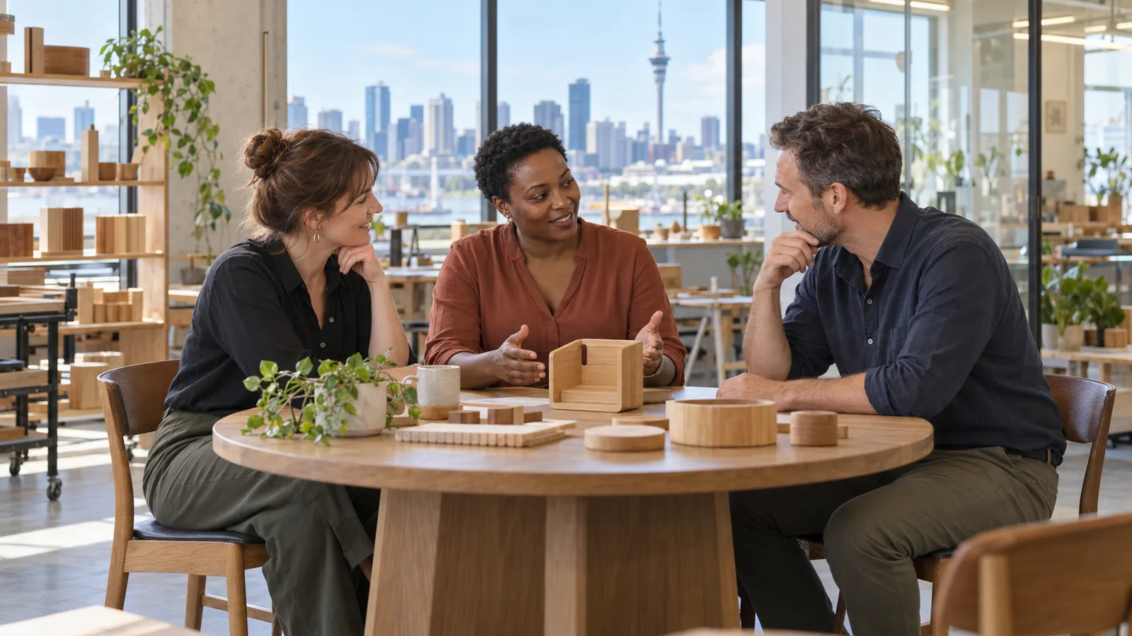 A Kenyan entrepreneur discusses wooden product samples with two colleagues in a sunlit Auckland studio.