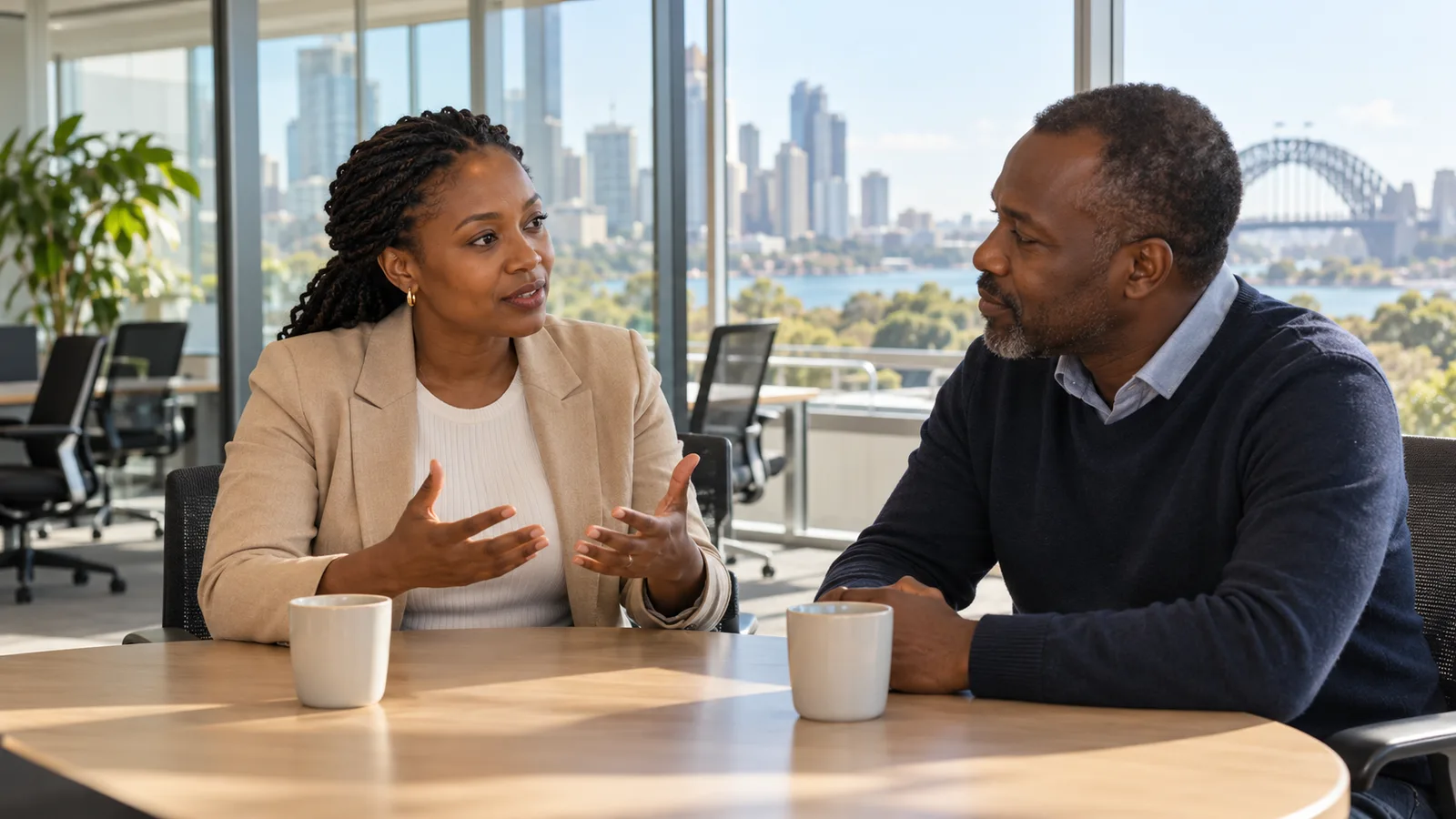 Two Kenyan professionals talk at a meeting table in a sunlit office overlooking Sydney Harbour.