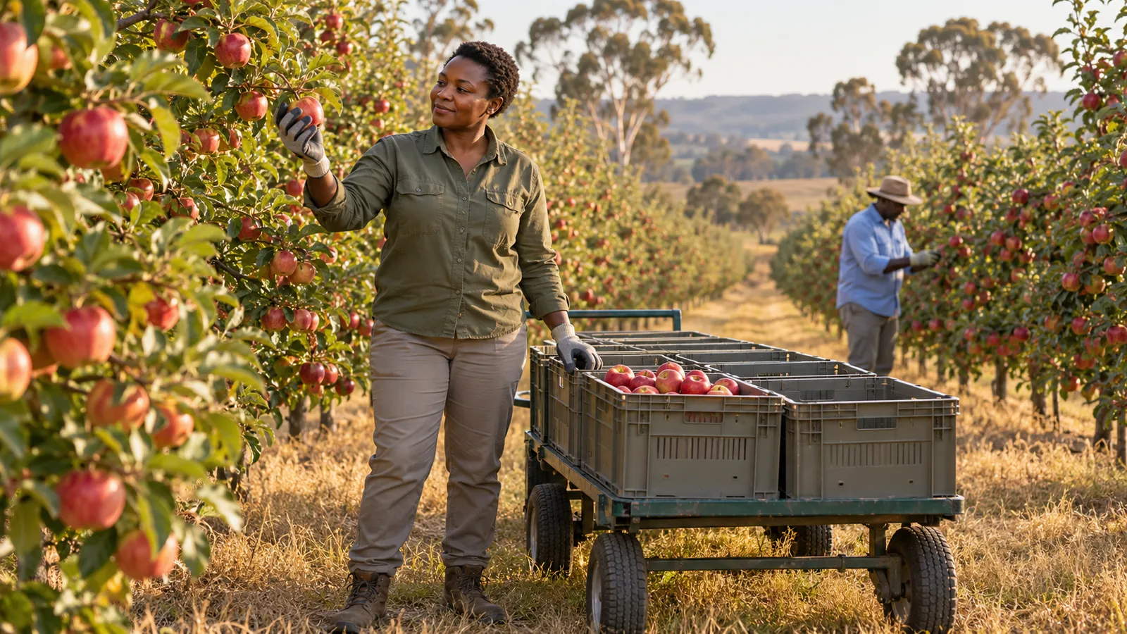 A Kenyan woman examines ripe apples beside a harvest cart while a colleague works in a sunlit Australian orchard.