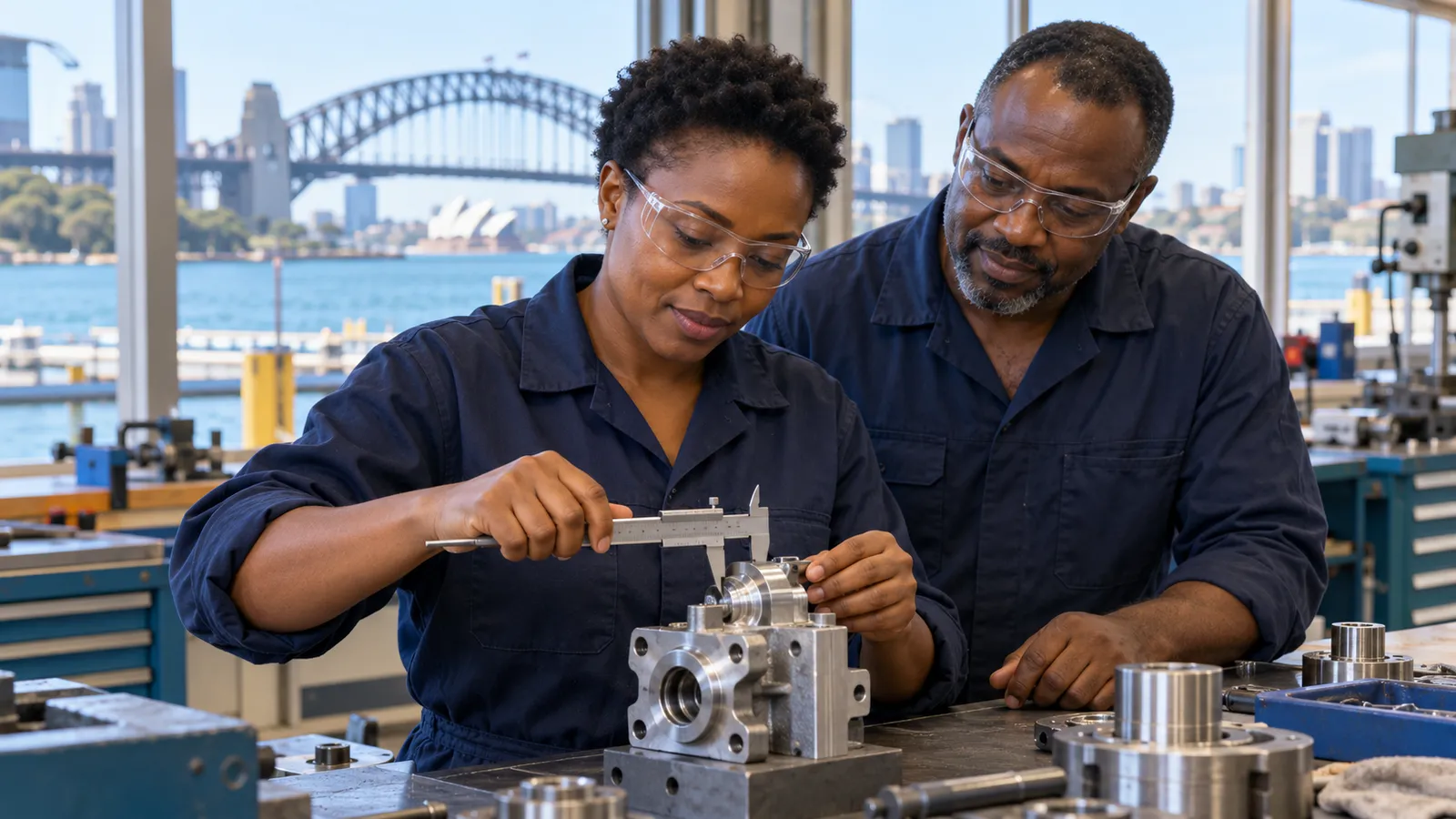 Two Kenyan engineers inspect a metal assembly in a sunlit workshop overlooking Sydney Harbour.