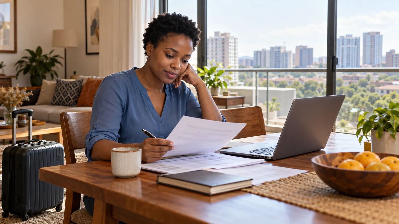 A Kenyan woman reviews paperwork beside a laptop at home, with a suitcase nearby and city views through the window.