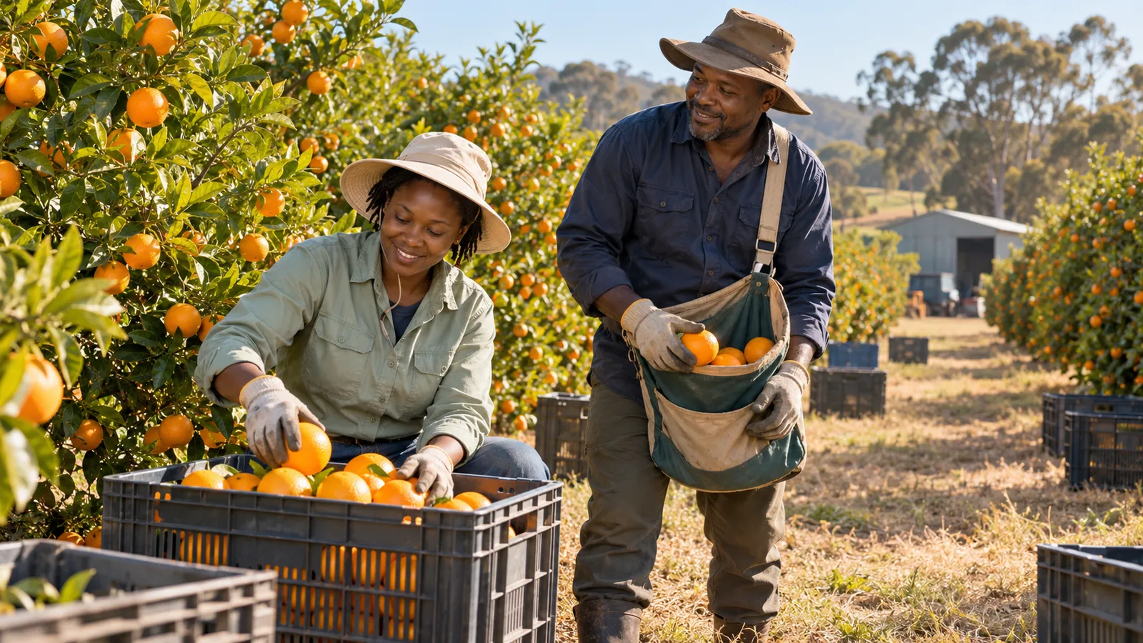 Two Kenyan farm workers gather oranges into crates and a harvest bag in a sunlit Australian orchard.