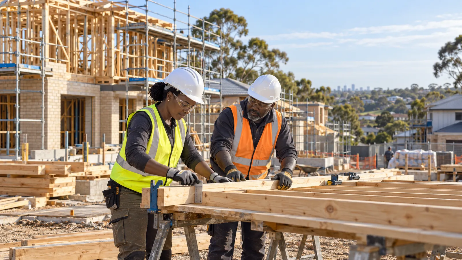 Two Kenyan builders in safety gear align timber framing at a sunlit Australian housing construction site.
