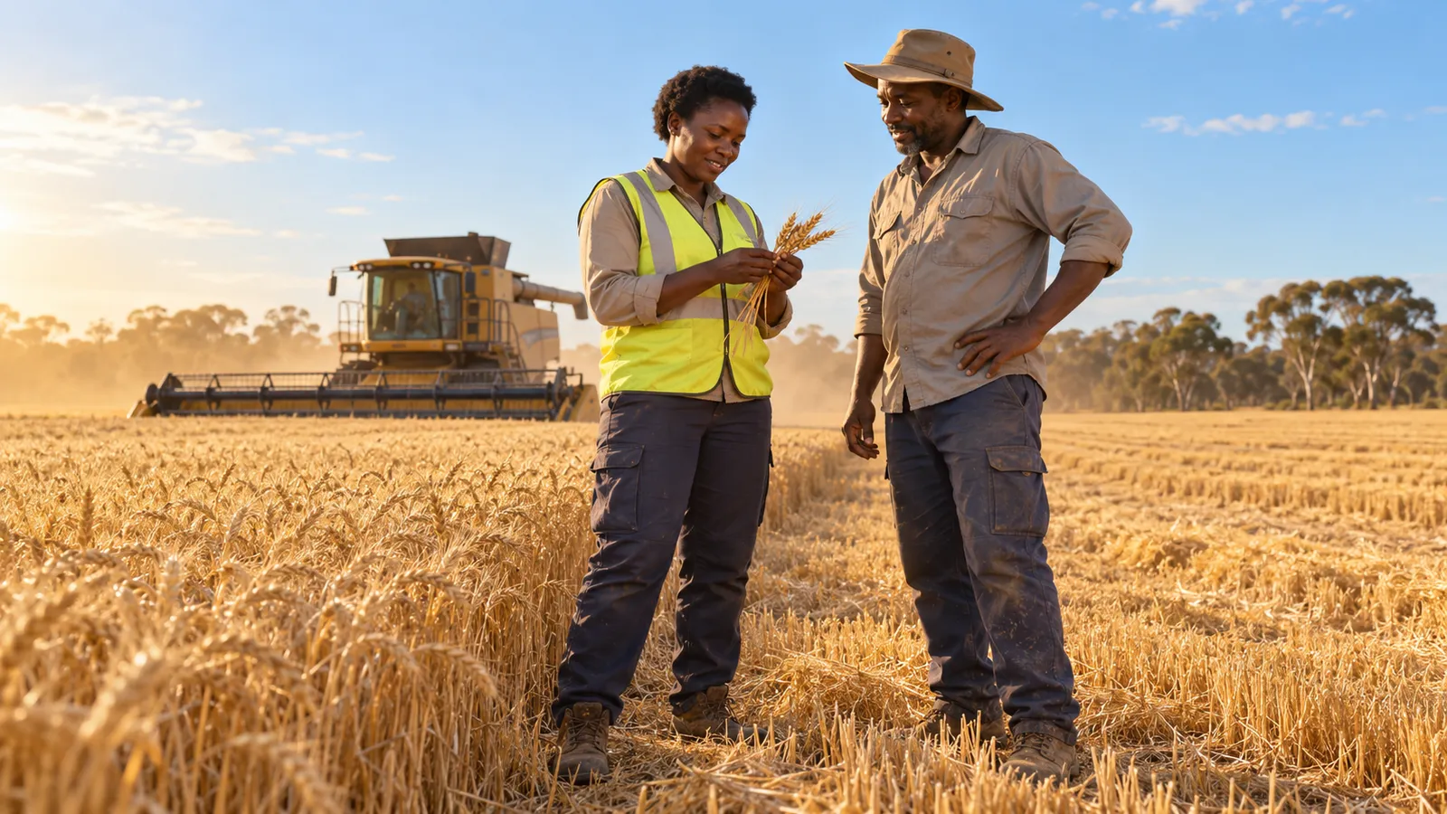 Two farm workers examine golden wheat in an Australian field with a combine harvester behind them.