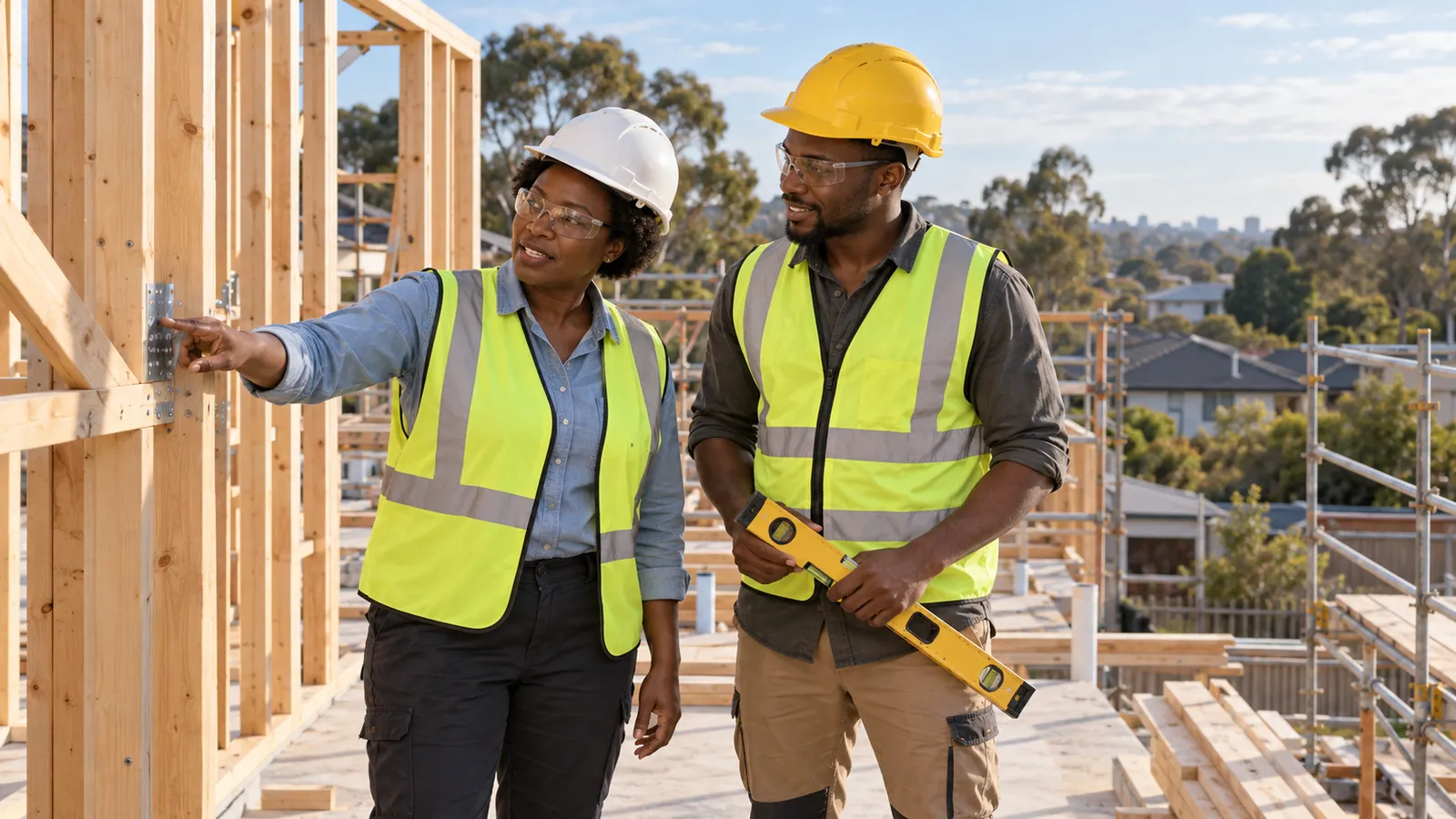 Two Kenyan construction professionals in safety gear inspect timber framing at an Australian housing site.