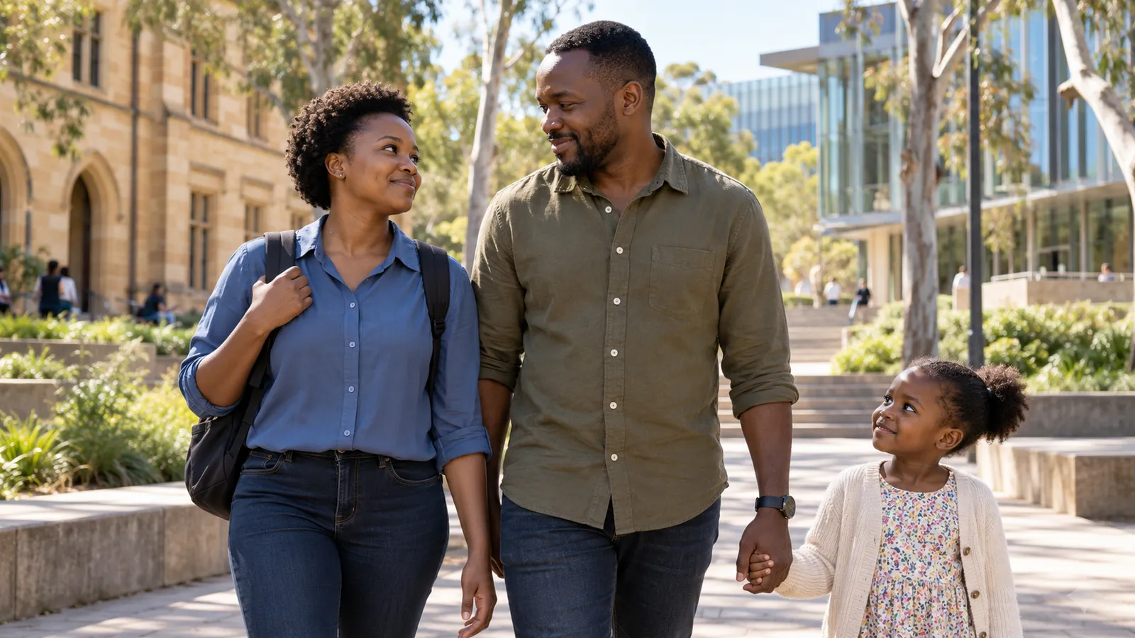 A Kenyan student walks with her partner and daughter through a sunlit Australian university campus.