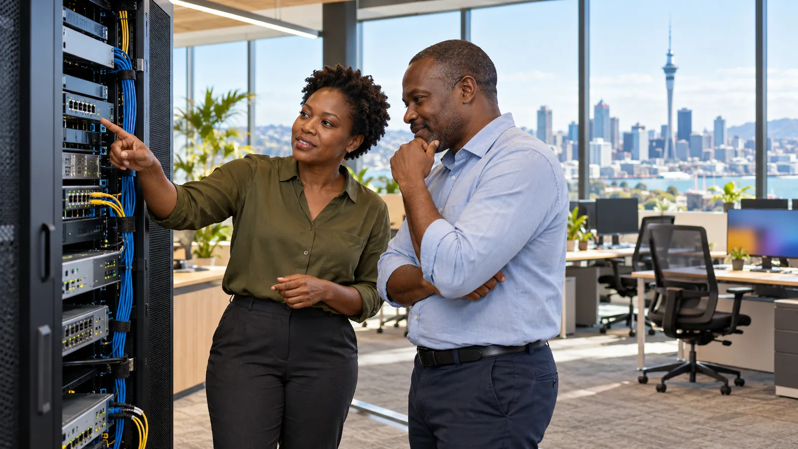 Two Kenyan tech professionals inspect network equipment in a sunlit office overlooking Auckland’s skyline.