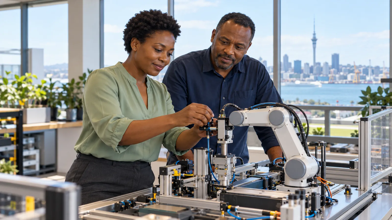 Two Kenyan specialists adjust a robotic arm in a sunlit workplace overlooking Auckland’s harbour and skyline.