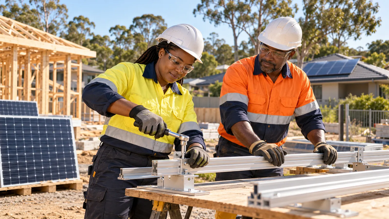 Two Kenyan tradespeople assemble solar panel mounting rails at a sunlit Australian housing construction site.