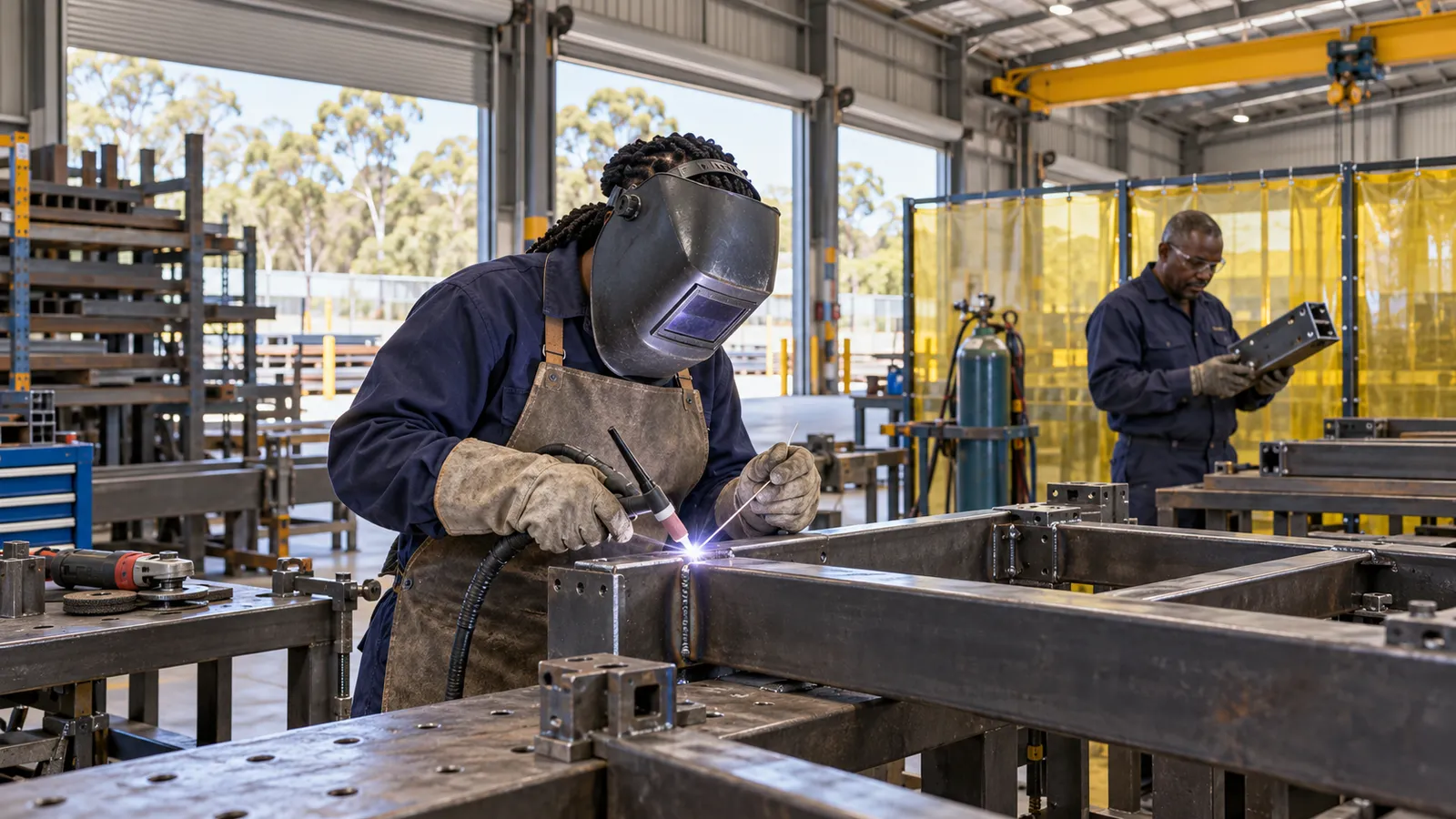 A Kenyan woman welds a steel frame while a colleague inspects a component in a sunlit Australian workshop.