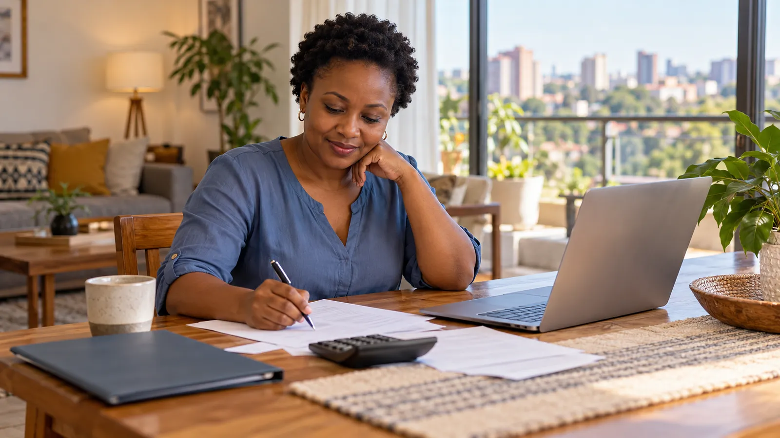 A Kenyan woman reviews papers beside a calculator and laptop at a sunlit table in her home.