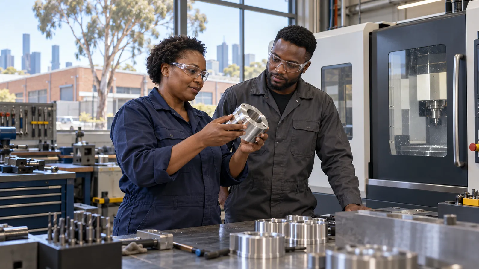 Two workers wearing safety glasses inspect a machined metal component in a sunlit Australian workshop.