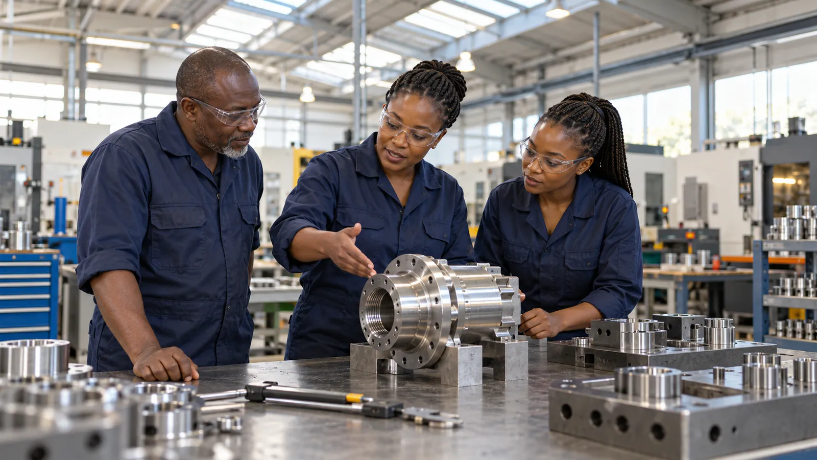 Three Kenyan workers in safety glasses examine a machined metal assembly in a sunlit Australian workshop.