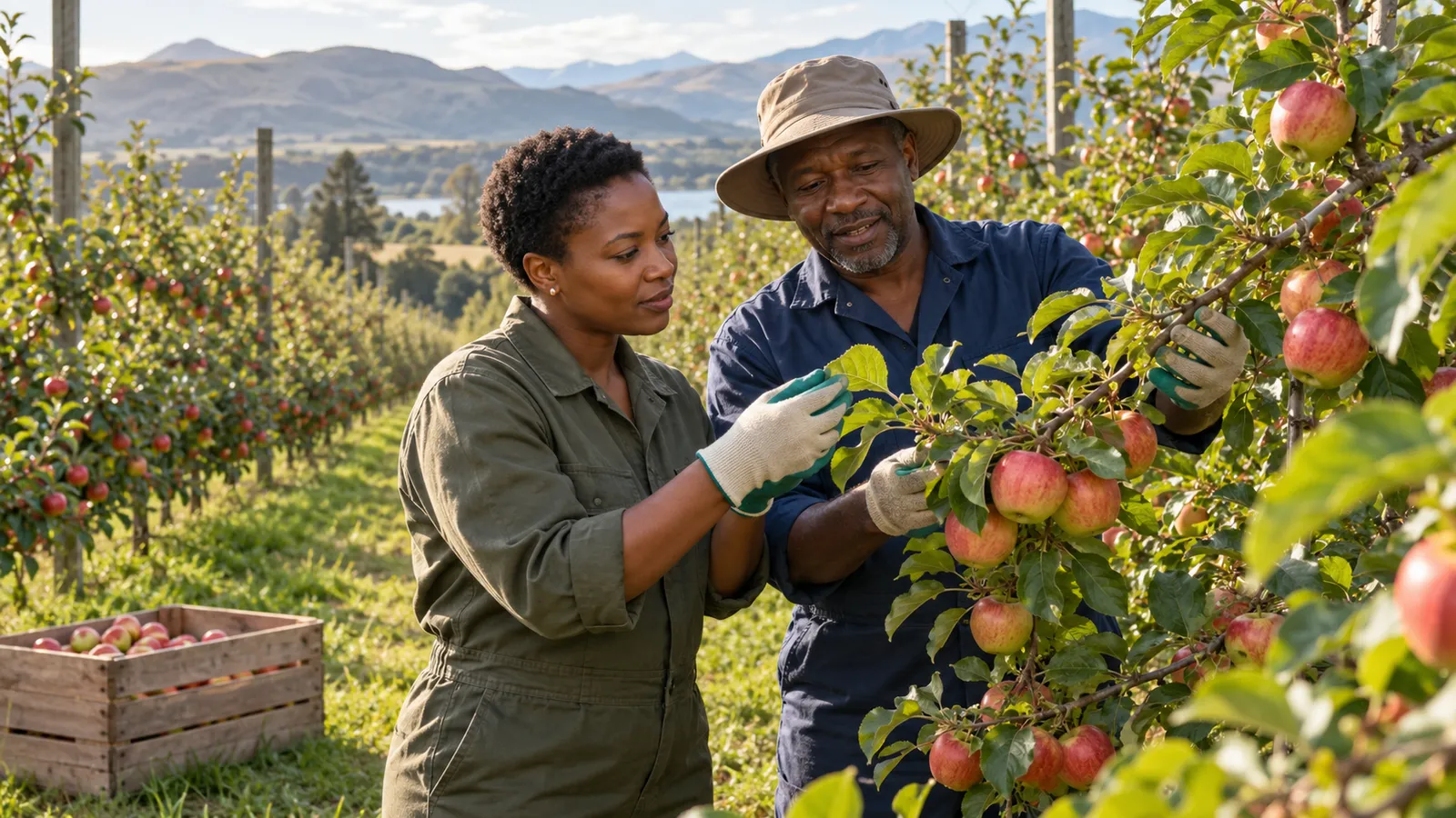 Two workers inspect apple leaves together during hands-on training in a sunlit New Zealand orchard.
