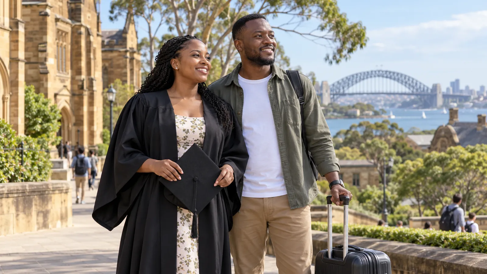 A Kenyan graduate and her partner stand with a suitcase beside sandstone buildings overlooking Sydney Harbour Bridge.