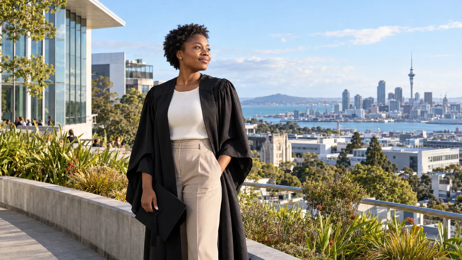 A Kenyan graduate holds her mortarboard on a sunlit university terrace overlooking Auckland’s skyline.