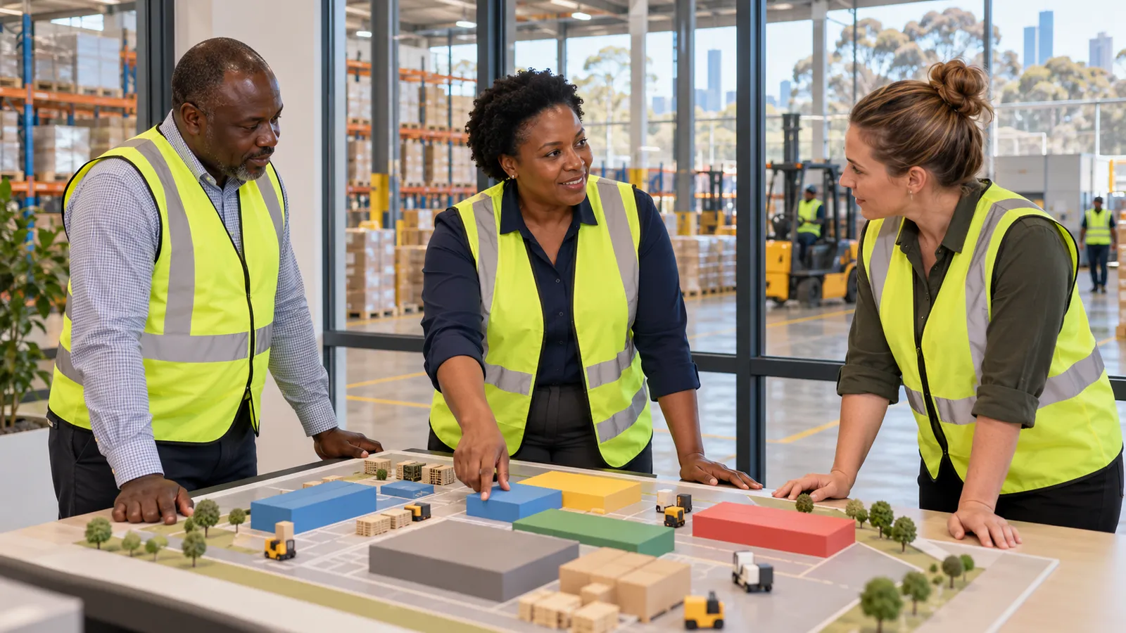 A Kenyan manager in a safety vest discusses a warehouse model with two colleagues in a sunlit workplace.