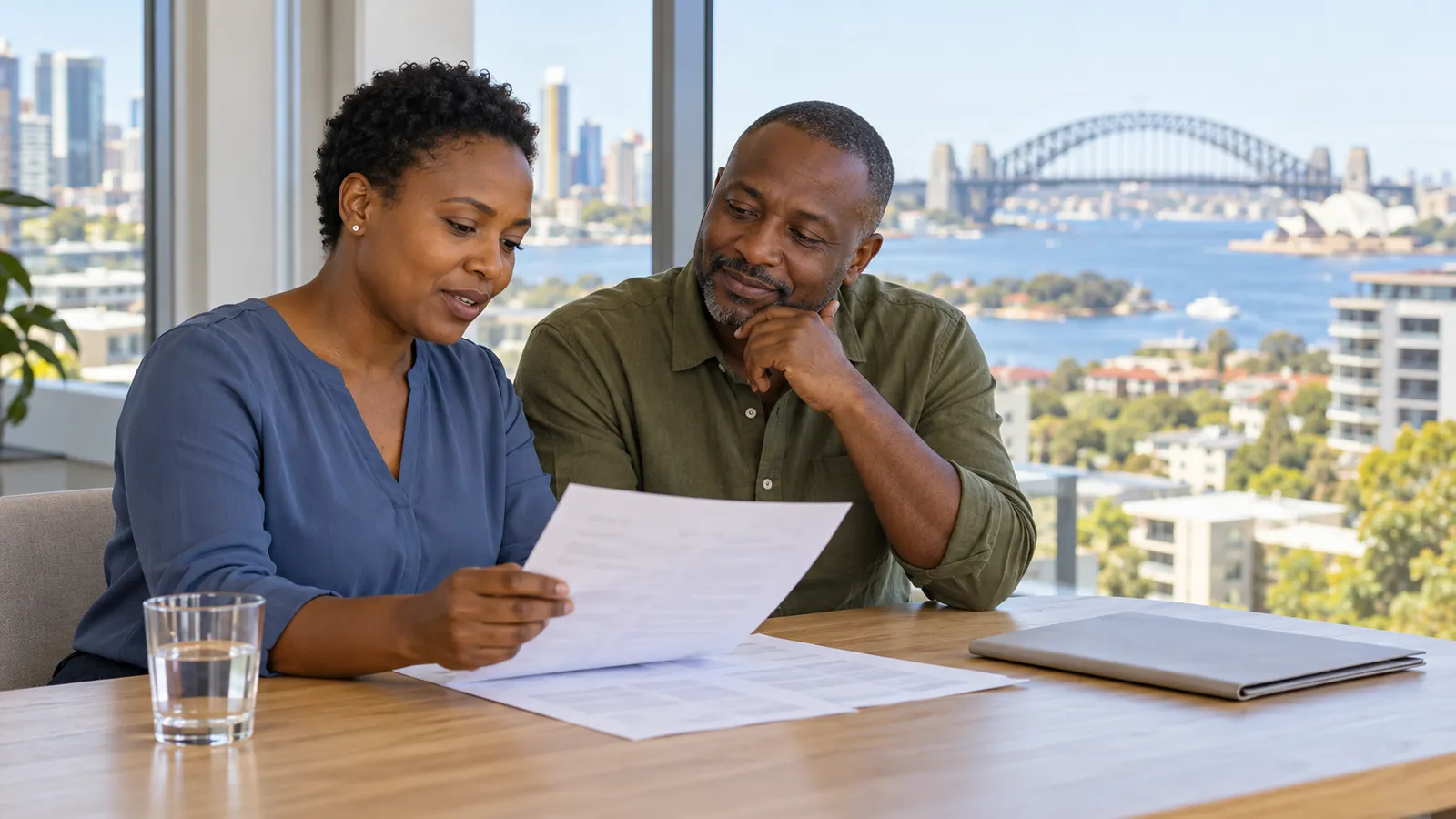 A Kenyan couple reviews paperwork at a sunlit table overlooking Sydney Harbour.