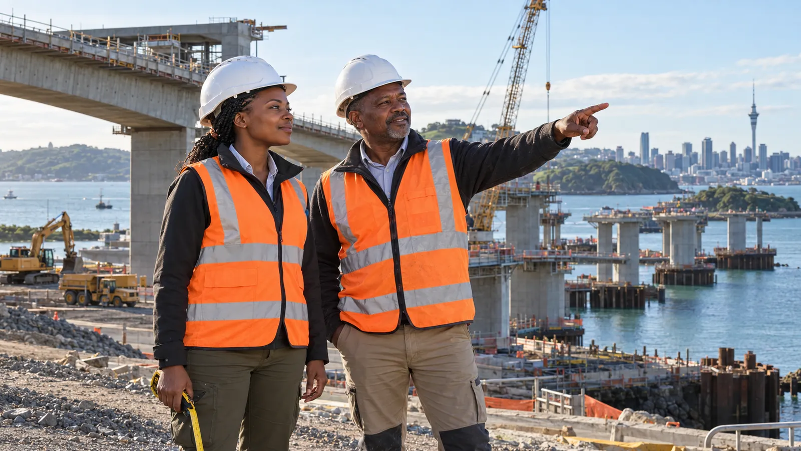 Two Kenyan professionals in hard hats and orange safety vests survey a waterfront construction site in Auckland.