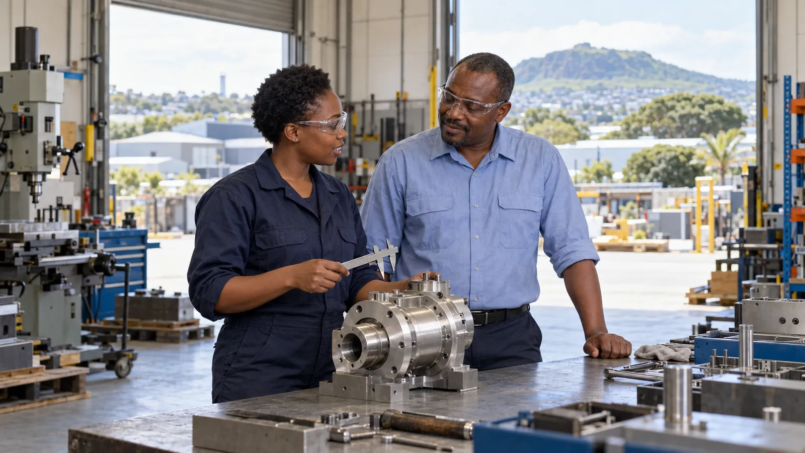Two Kenyan colleagues discuss a metal assembly at a workbench in a sunlit New Zealand engineering workshop.