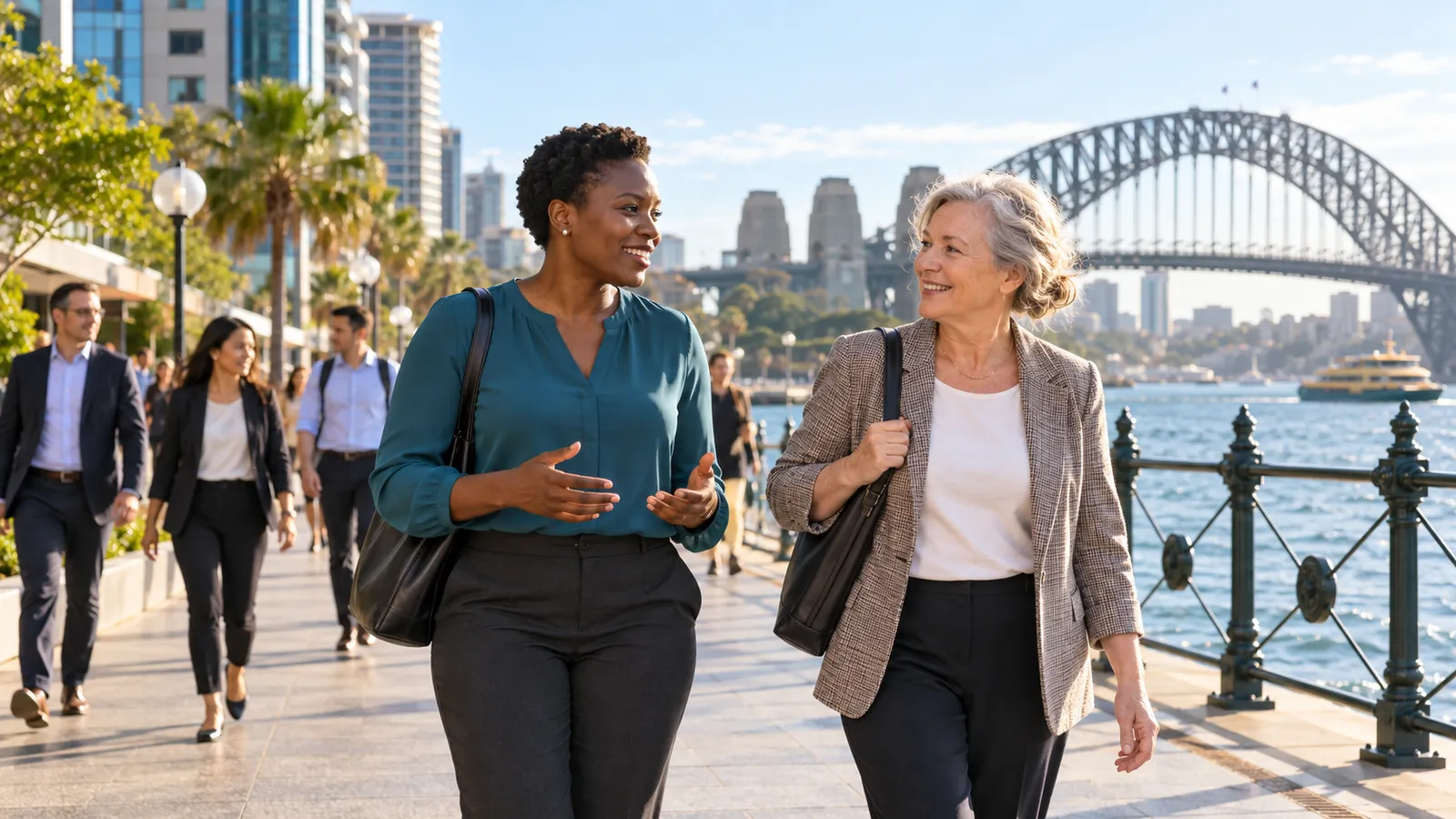 A Kenyan professional and an older colleague walk beside Sydney Harbour, chatting in the morning sunshine.