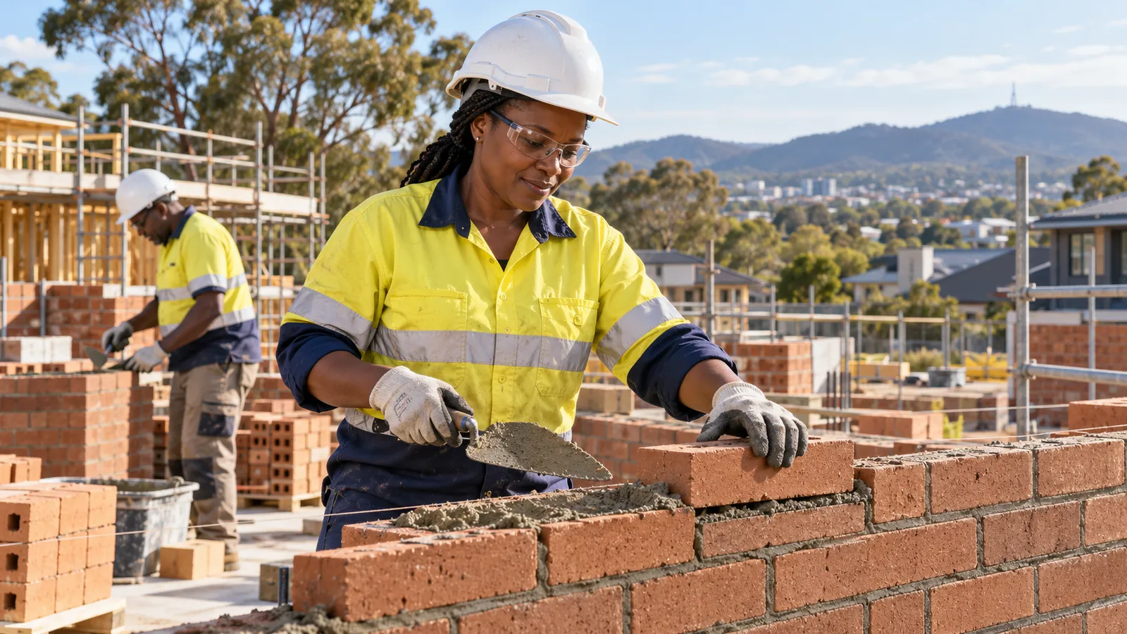 A Kenyan woman lays bricks at a sunny Canberra construction site, with a colleague working behind her.