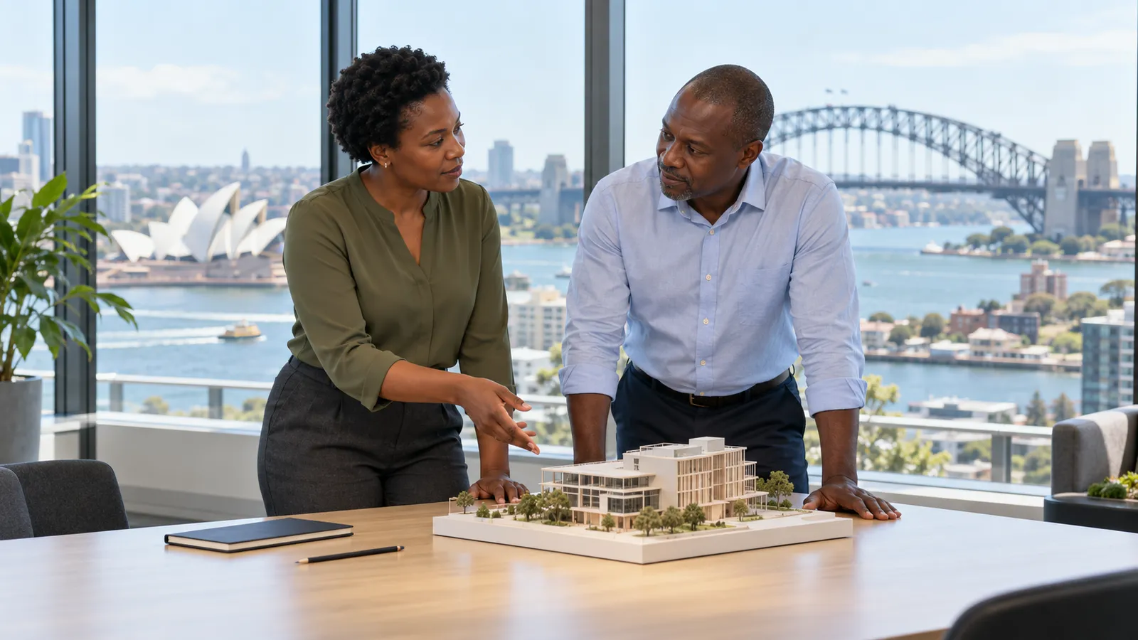 Two Kenyan professionals discuss a building model in a sunlit office overlooking Sydney Harbour.
