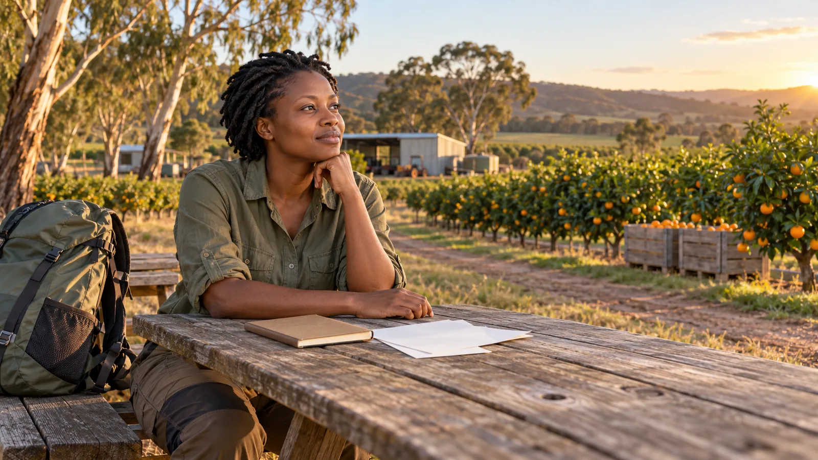 A Kenyan woman sits beside an Australian orchard at sunset, with a backpack, notebook and papers nearby.