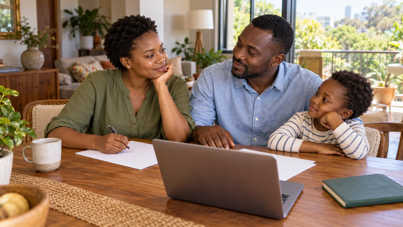 A Kenyan couple and their child share a quiet moment over a laptop and papers in their sunlit home.