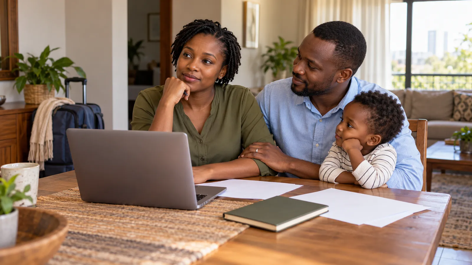 A Kenyan couple and their child sit at a sunlit table with a laptop, blank papers and a suitcase nearby.