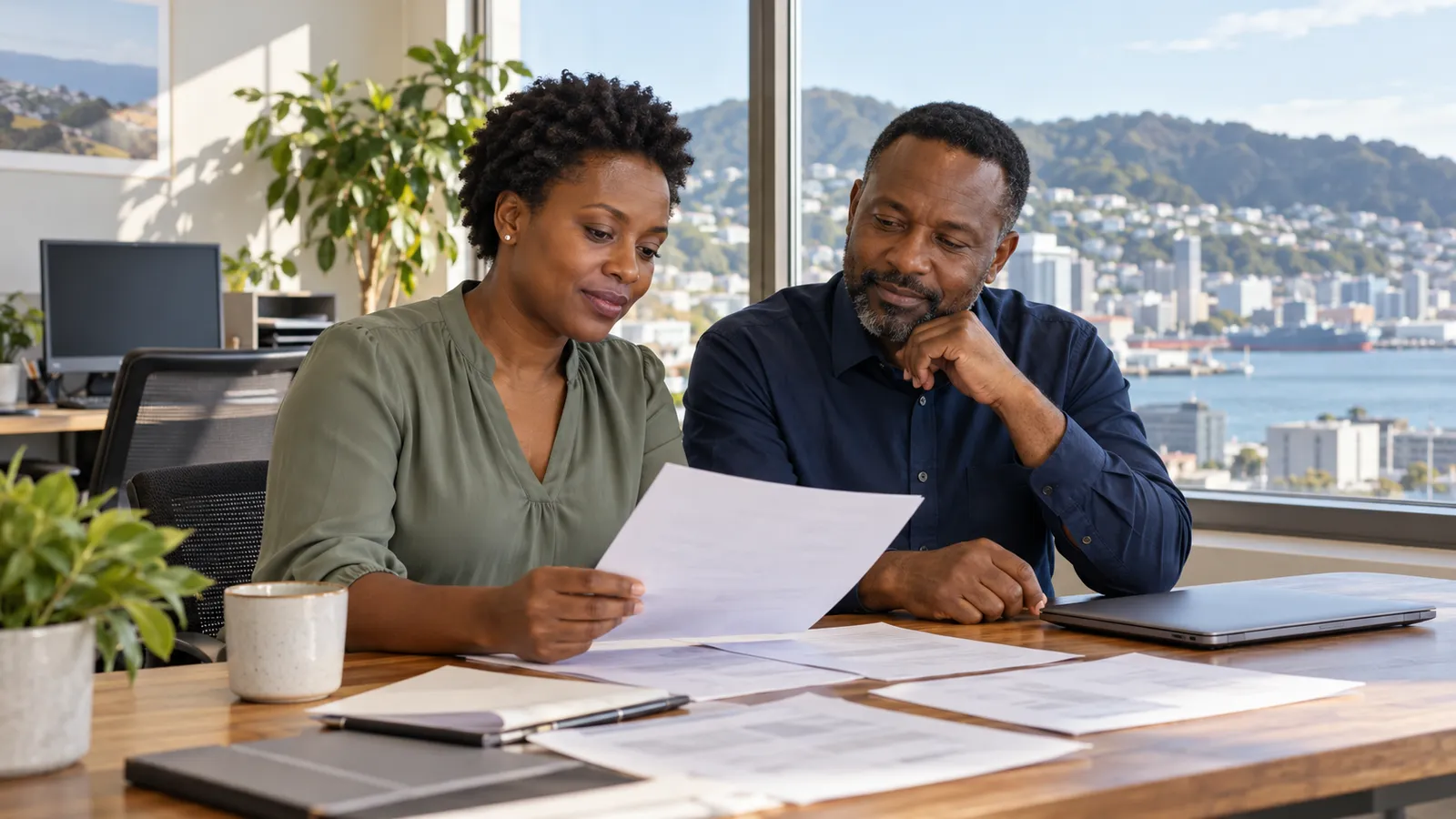 Two Kenyan colleagues review paperwork in a sunlit office overlooking Wellington Harbour.