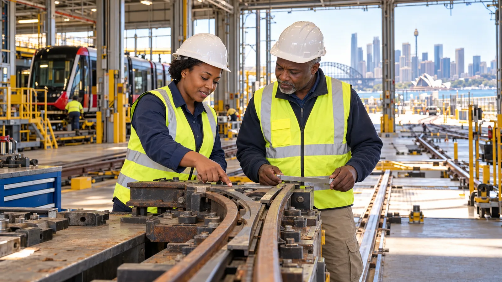 Two Kenyan engineers inspect a rail junction in a sunlit workshop overlooking Sydney Harbour.