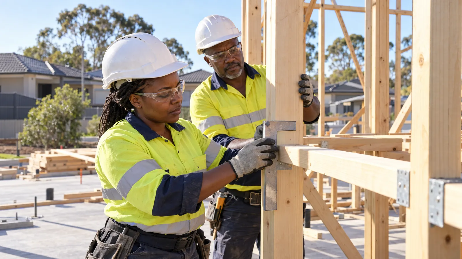 Two Kenyan carpenters in safety gear check a timber wall frame at a sunlit Australian homebuilding site.