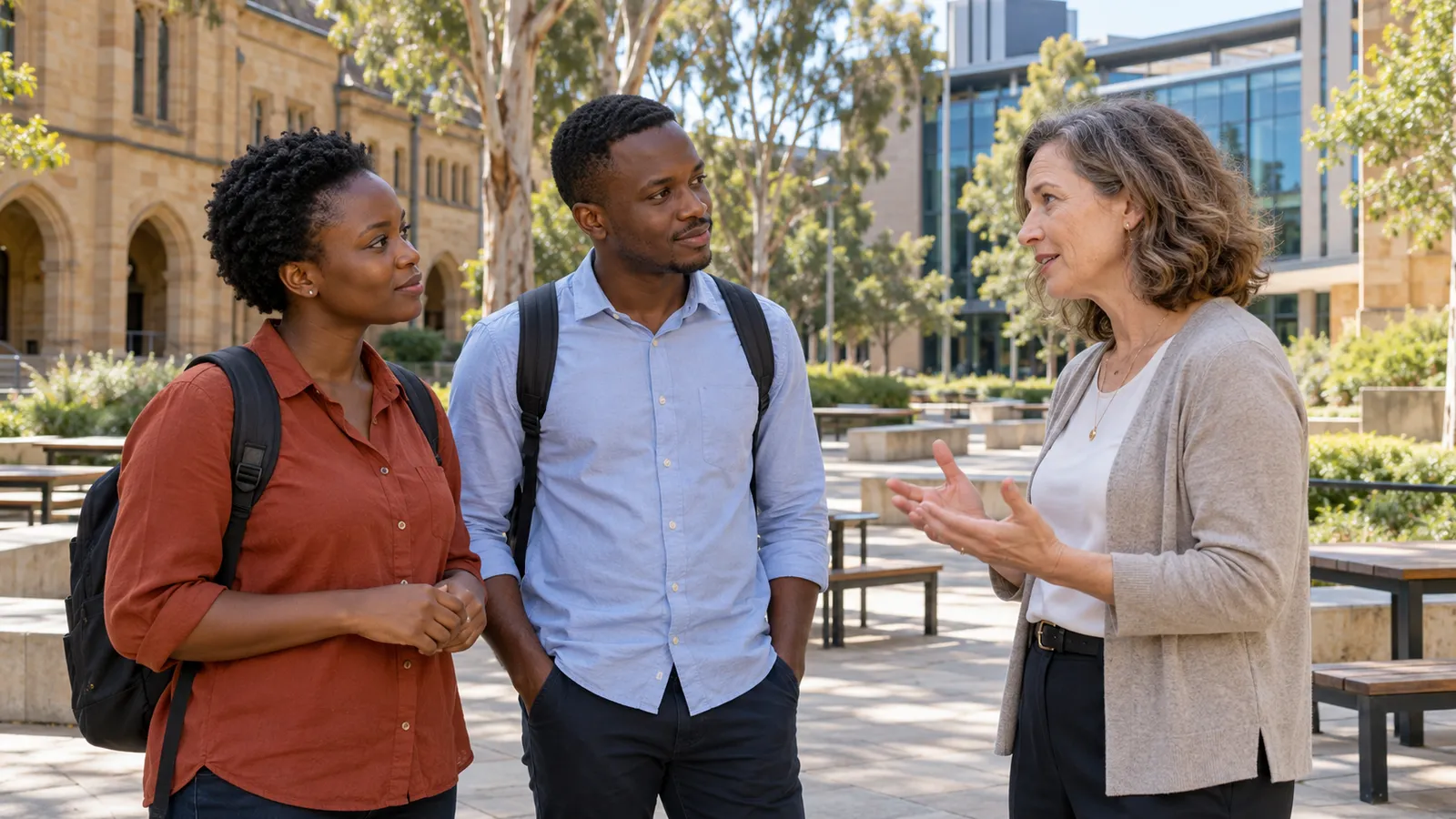Two Kenyan students speak with a lecturer in a sunlit Australian university courtyard.