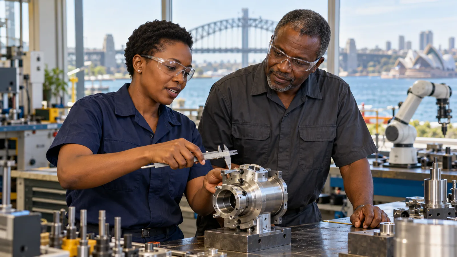 Two Kenyan engineers inspect a metal assembly in a sunlit workshop overlooking Sydney Harbour.