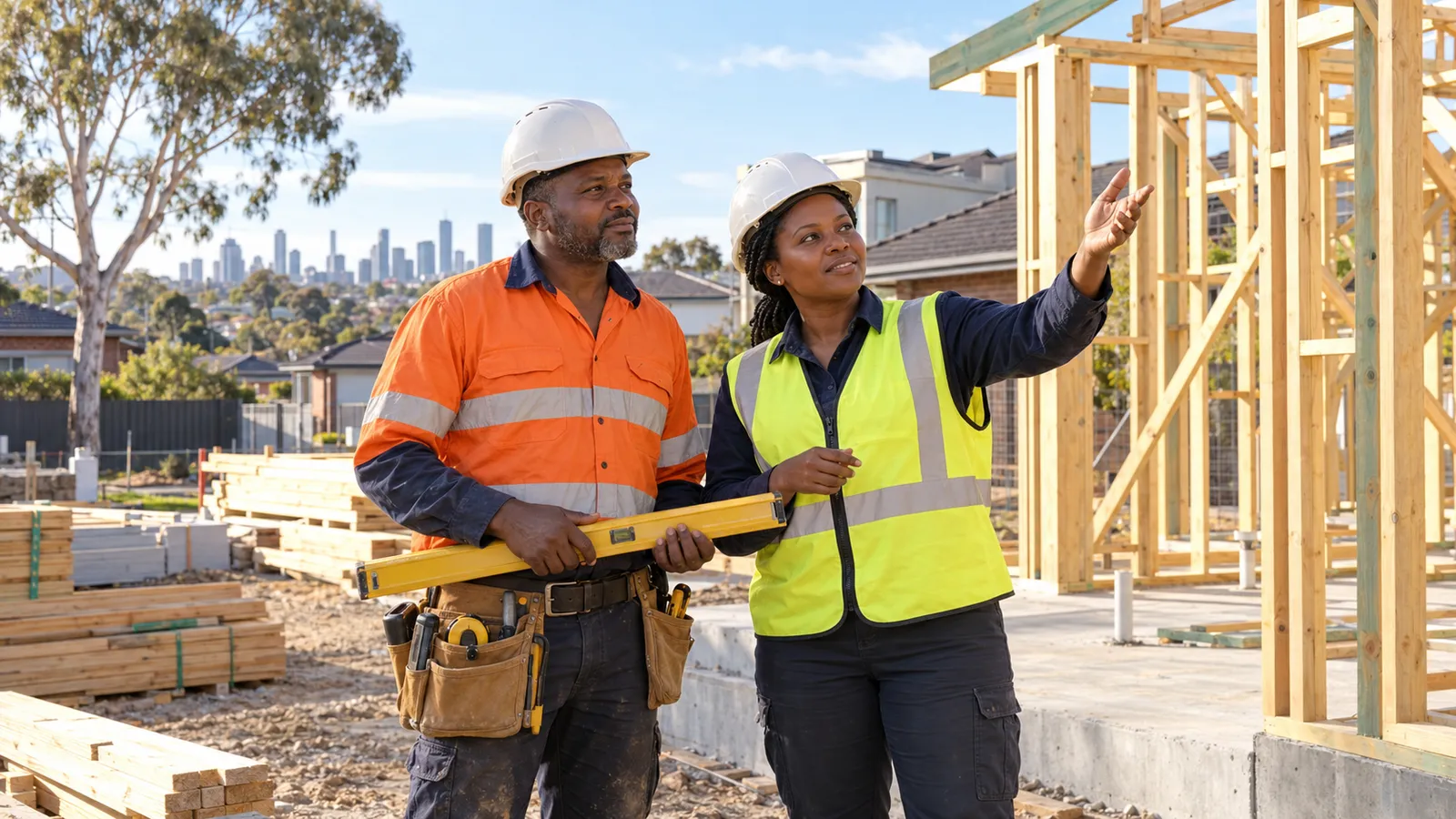 Two Kenyan construction professionals inspect a timber-framed home at a sunny Australian building site.