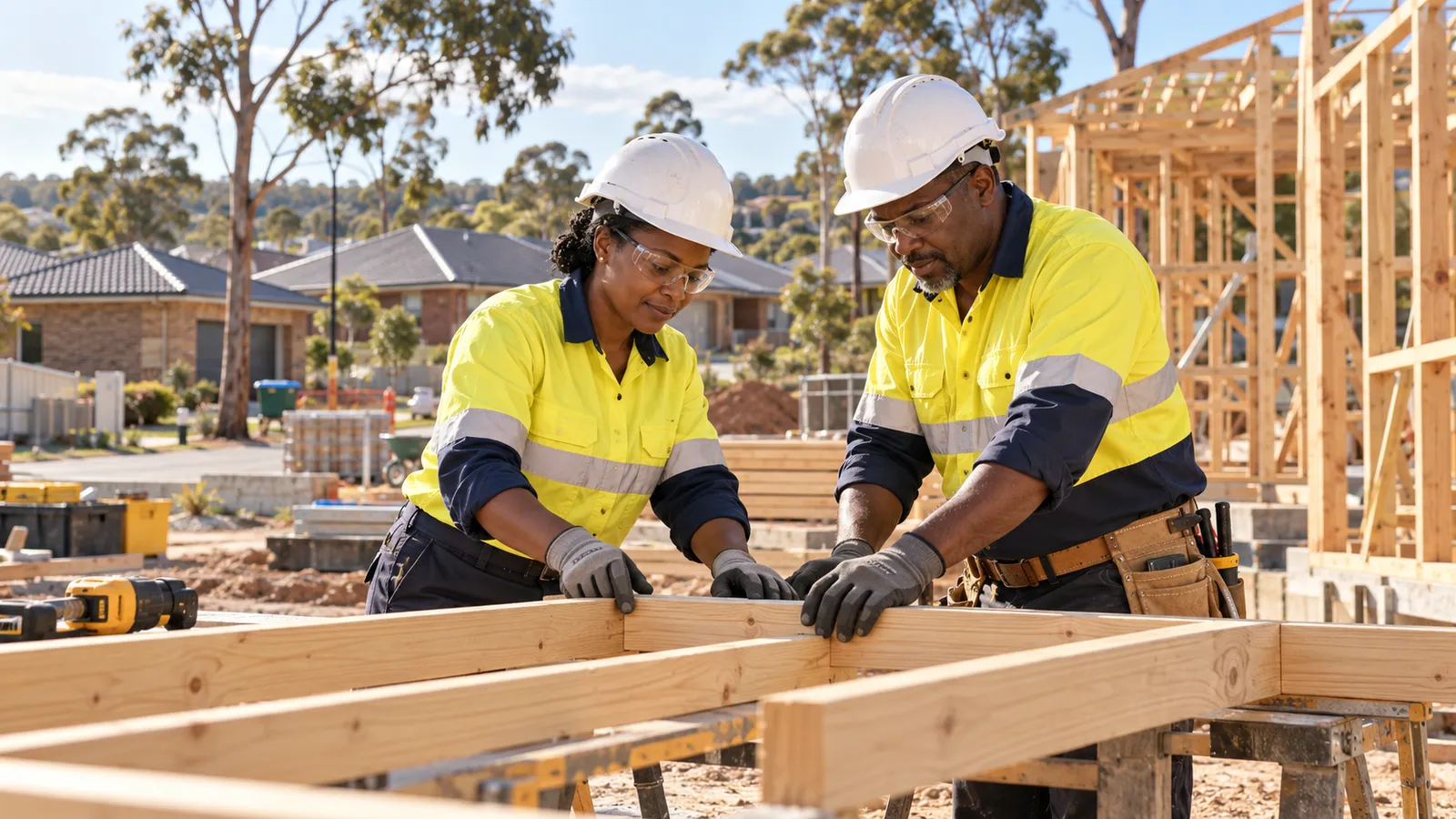 Two Kenyan carpenters in safety gear align timber framing at a sunlit Australian housing construction site.